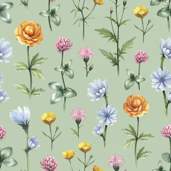 야생 꽃 그림입니다. 수채화 원활한 패턴 — 스톡 사진