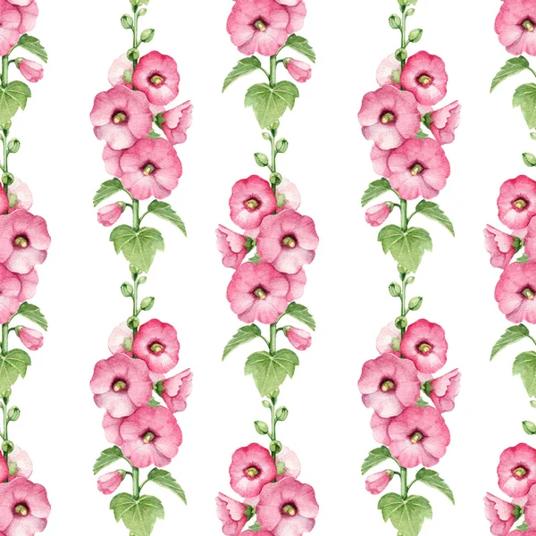 Seamless pattern with watercolor illustration of mallow flowers — Stock Photo, Image