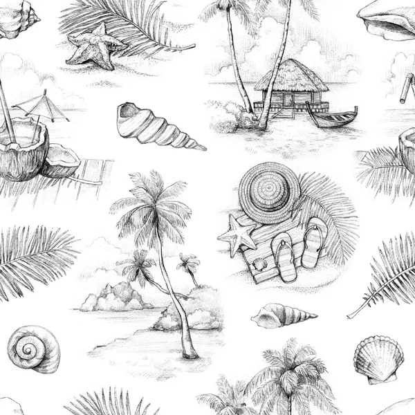 Patrón sin costuras con ilustraciones de un paraíso tropical —  Fotos de Stock