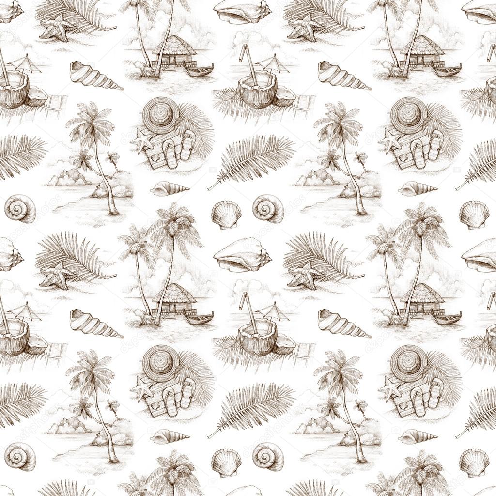 Seamless pattern with illustrations of a tropical paradise