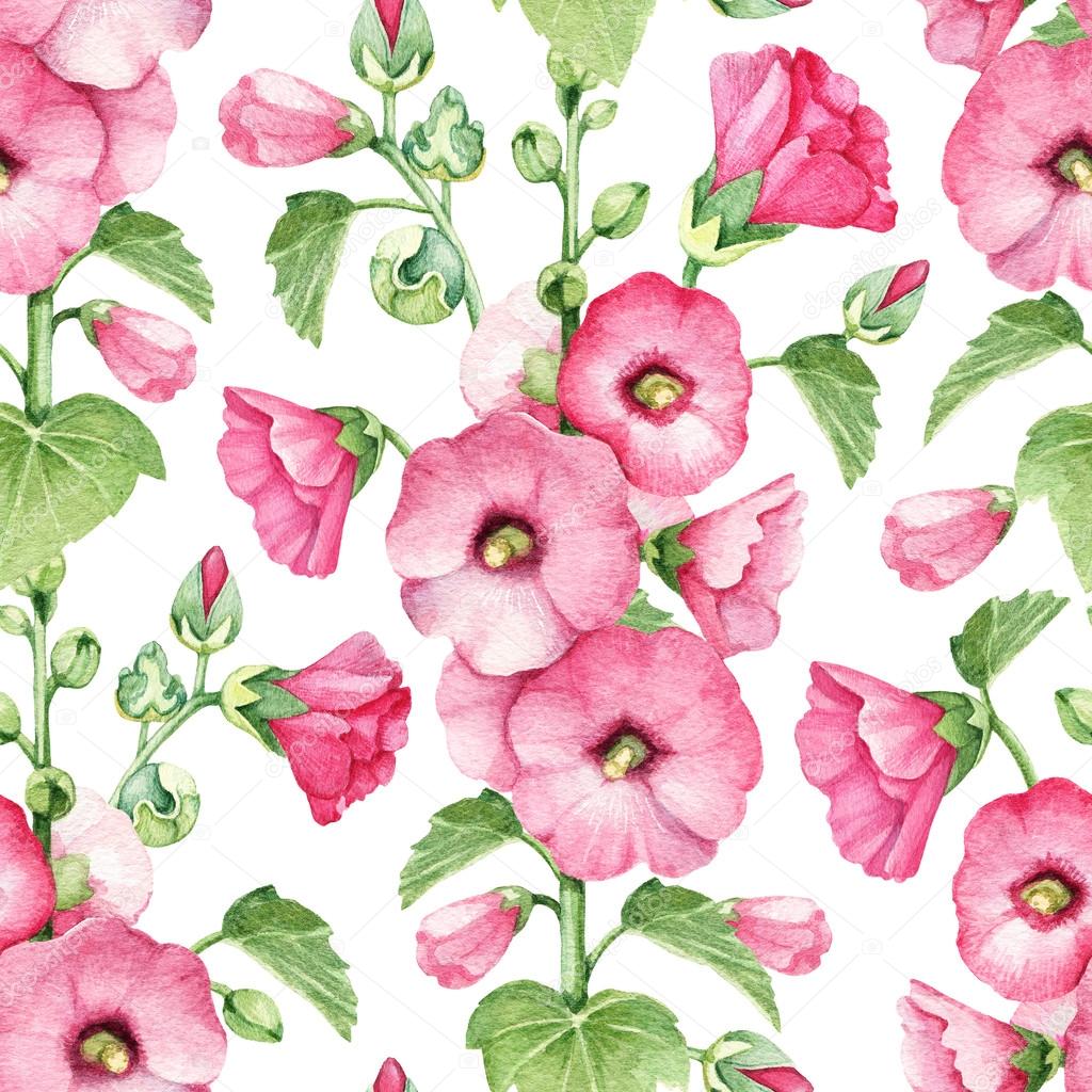 Seamless pattern with watercolor illustration of mallow flowers