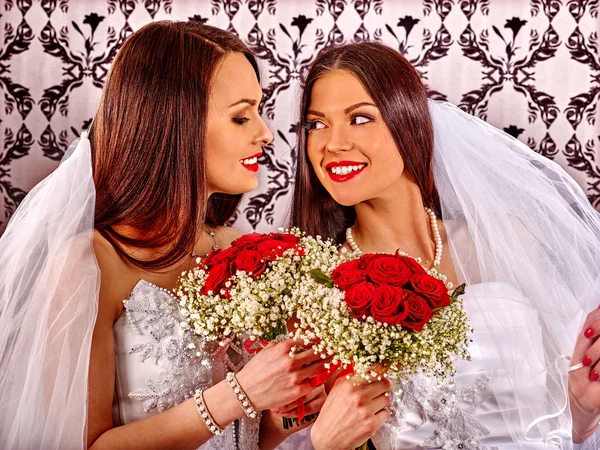 Wedding lesbians girl in bride dress . — Stok Foto