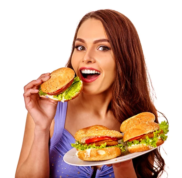 Ragazza mangiare panino grande . — Foto Stock