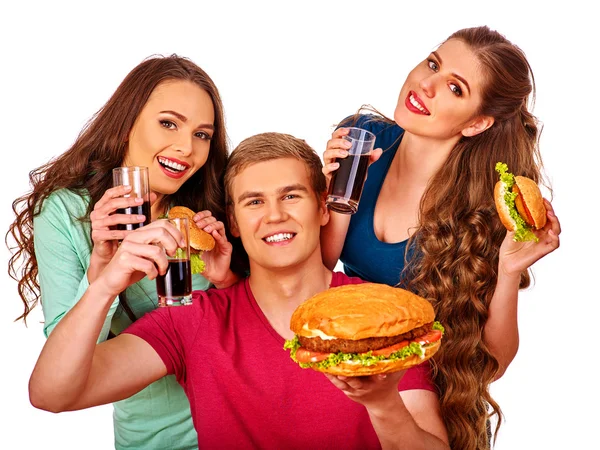 Man and women eating big sandwich with cola.  Isolated. — Stock Photo, Image