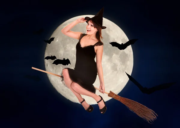 Witch flying on broomstick — Stock Photo, Image