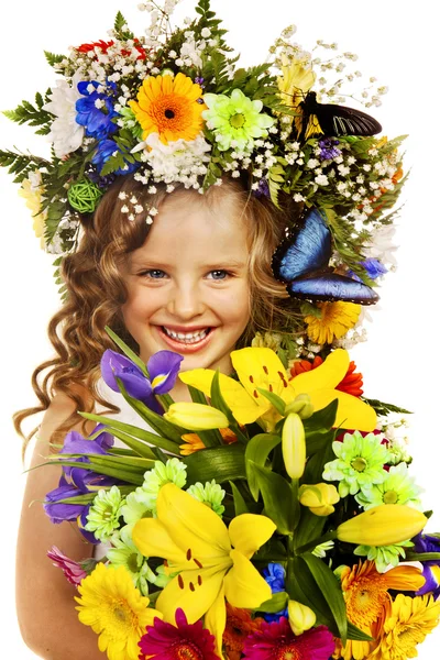 Holčička s květy účes. — Stock fotografie
