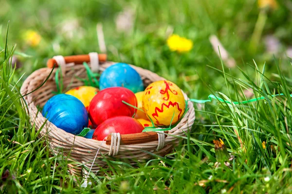 Huevos de Pascua en cesta — Foto de Stock