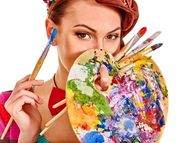 Mujer artista con paleta de pintura . — Foto de Stock