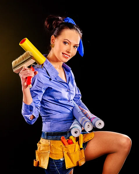 Constructor mujer con fondo de pantalla . —  Fotos de Stock