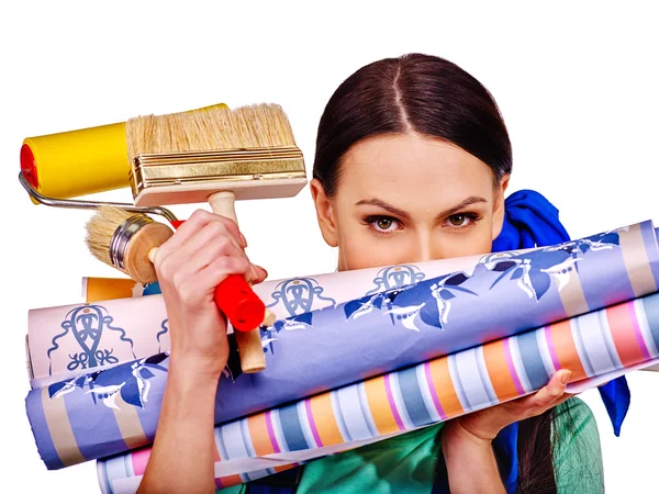 Builder woman with wallpaper. — Stock Photo, Image