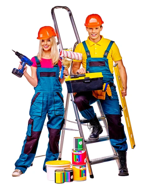 Pareja constructor con herramientas de construcción . — Foto de Stock