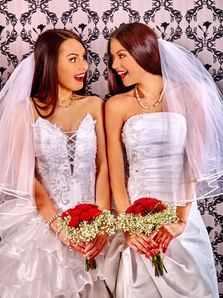 Wedding lesbians girl in bride dress . — Stok Foto