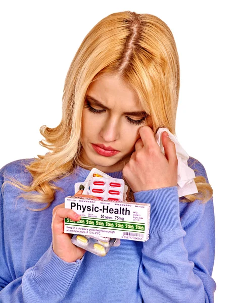 Young woman having flu takes pills. — Stock Photo, Image