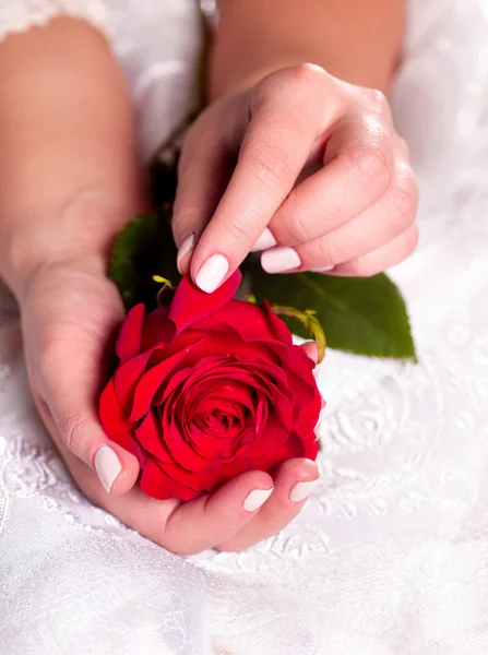 Bruid met roos boeket — Stockfoto