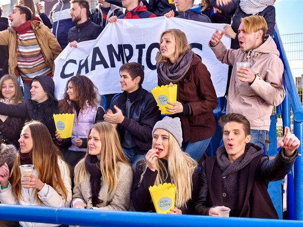 Спортивные болельщики держат чемпионское знамя на трибунах
.