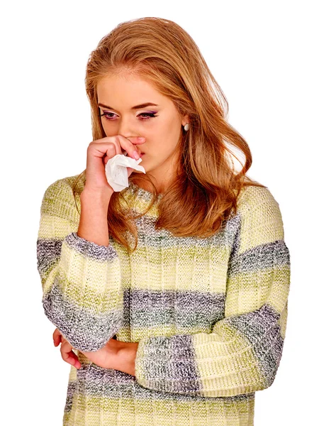 Sad girl holding handkerchief — Stock Photo, Image