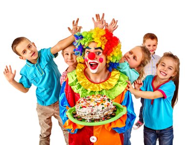 Palyaço ile grup çocuk doğum pasta holding.