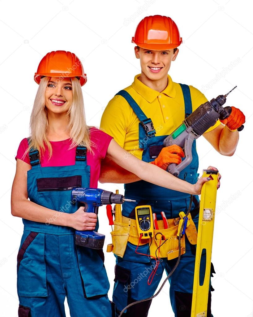 Group people builder  with construction tools.