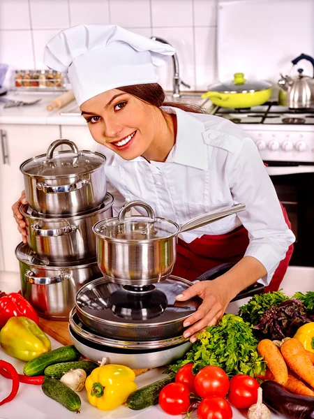 Happy female shef cooking — Stock Photo, Image