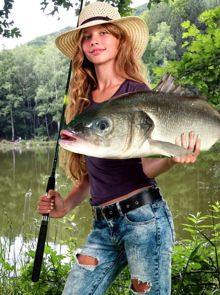 Girl fishing morning with holding lot of big fishes.