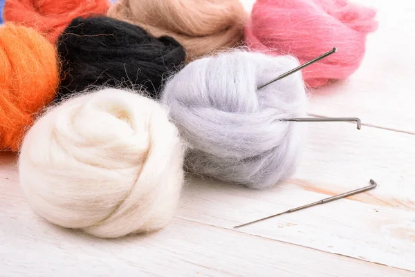 Close Wool Needle Felting Kit Wooden Surface — Stockfoto