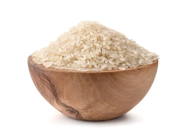 Uncooked Dry Rice Wooden Bowl Isolated White — Stock Photo, Image