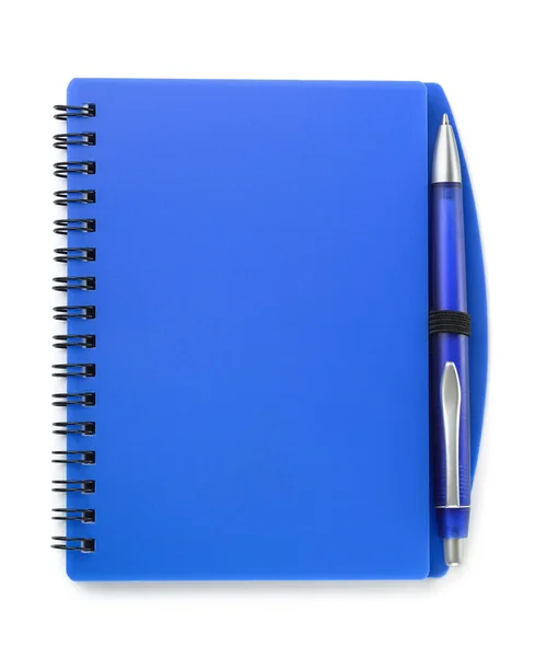 Vista Superior Caderno Azul Caneta Isolada Branco — Fotografia de Stock