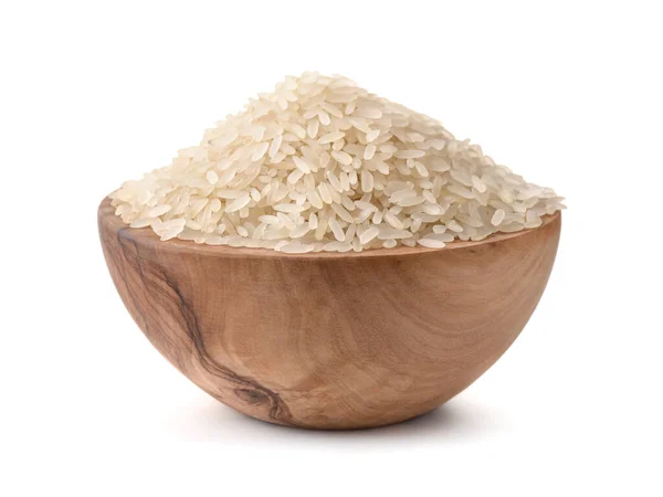 Arroz Seco Não Cozido Tigela Madeira Isolada Branco Imagem De Stock