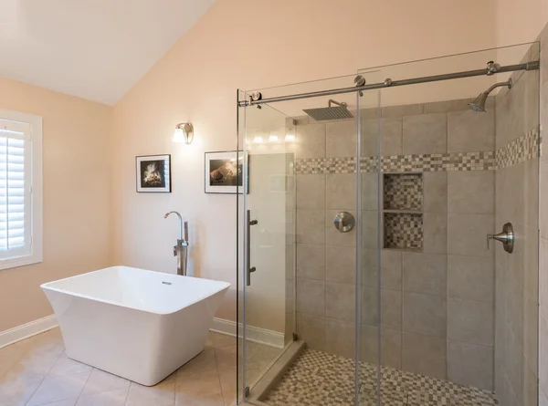 stock image Modern bathroom with freestanding tub and shower