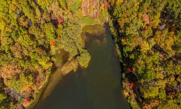 Vue aérienne du lac Coopers Rock dans le parc national avec des couleurs automnales et automnales — Photo