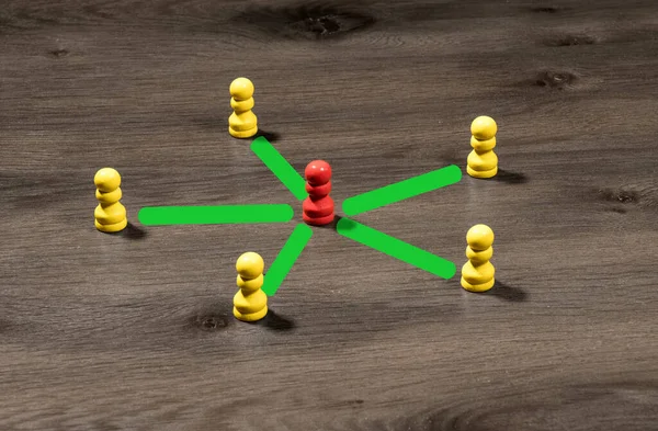 Pinzas amarillas de madera que rodean una roja para ilustrar el liderazgo o la comunicación en redes sociales — Foto de Stock