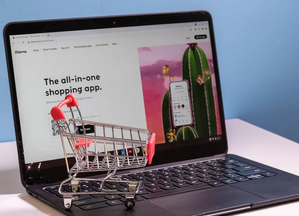 Shopping cart in front of computer screen for Klarna buy now pay later app — Stock Photo, Image