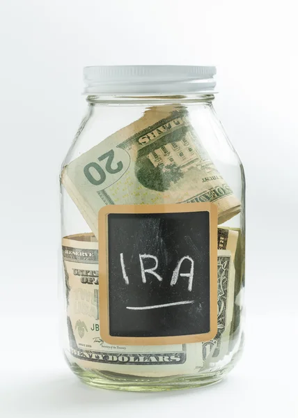 Glass Jar with chalk panel used for IRA retirement — Stock Photo, Image