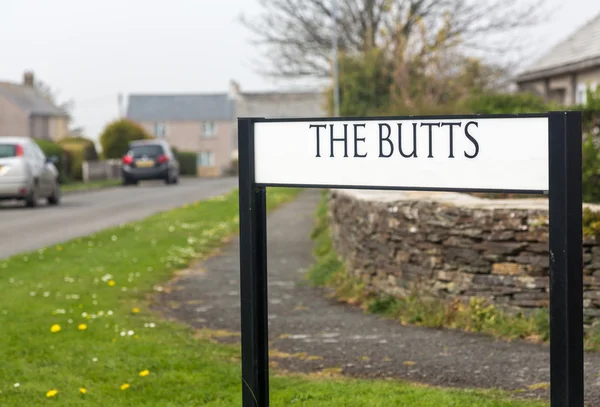 Carretera divertida o letrero callejero The Butts en Cornwall — Foto de Stock