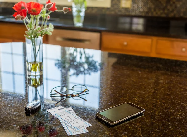 Pair of theater tickets on kitchen worktop — Stock Photo, Image