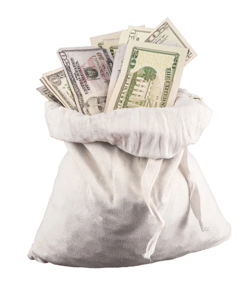 Many US dollar bills or notes with money bags — Stock Photo, Image