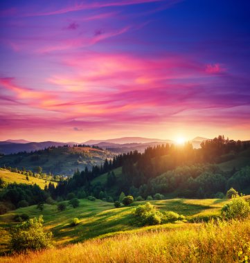 Green hills glowing by sunlight