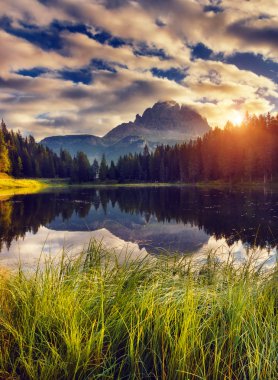 View of the foggy Lago Di Antorno in National Park Tre Cime di Lavaredo.