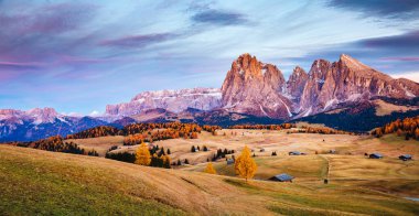 Parlak tepelerin manzarası. Konum Dolomiti Alpleri, Compaccio, Seiser Alm veya Alpe di Siusi, Bolzano ili, Güney Tyrol, İtalya, Avrupa, vahşi bölgenin büyük resmi. Toprağın güzelliğini keşfedin.