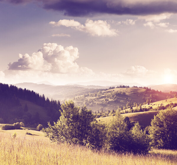 Fantastic sunny hills under morning sky. Dramatic scenery. Carpathian, Ukraine, Europe.