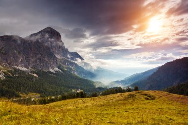 View of the foggy Tofane mountain range