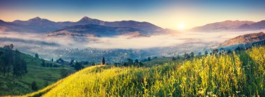 Foggy day and bright hills by sunlight.