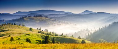 Foggy day and hills by sunlight.