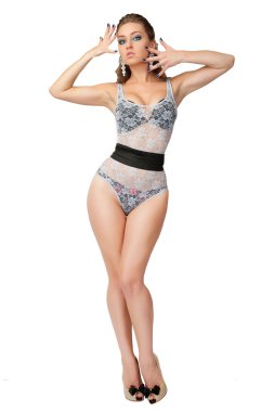 Beyaz iç çamaşırlı şehvetli kadın..