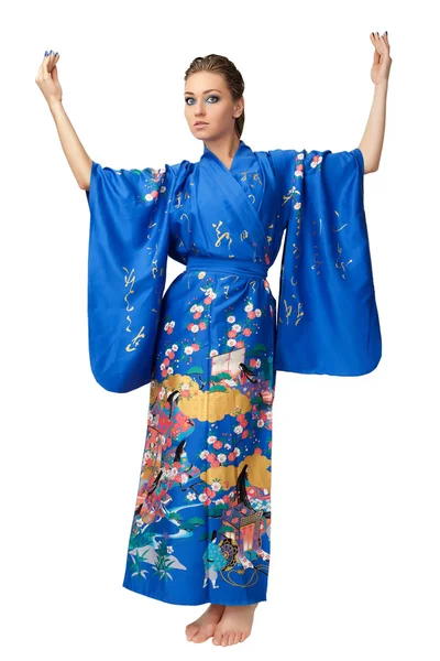 Young woman in Japanese kimono isolated on white background. — Stock Photo, Image