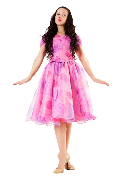 Girl posing in a pink dress. Fashion concept with tall model. — Stock Photo, Image