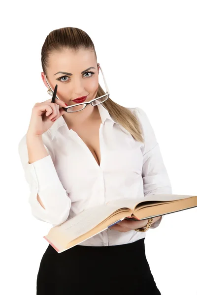 Rapariga com livro. Secretária menina posando em um fundo branco . — Fotografia de Stock