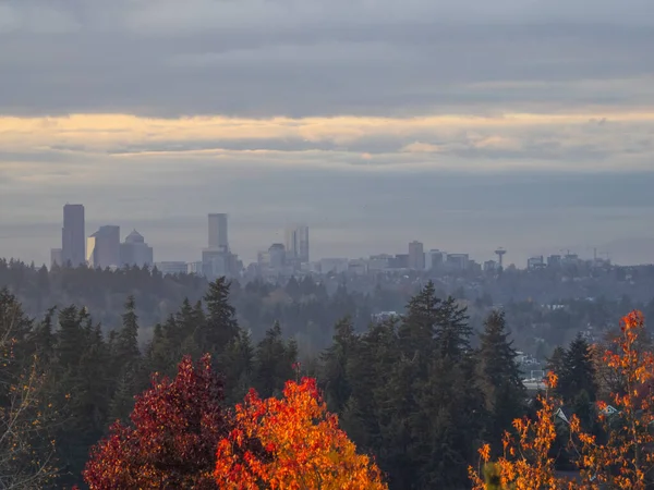 Seattle Coucher Soleil Vue Sur Horizon Par Temps Nuageux — Photo