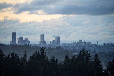 Güneşli kış gününde günbatımı Seattle gökyüzü manzarası.