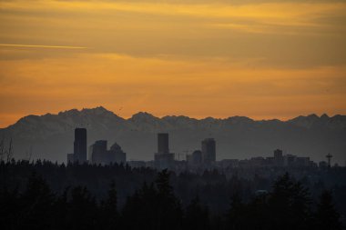 Güneşli kış gününde günbatımı Seattle gökyüzü manzarası.
